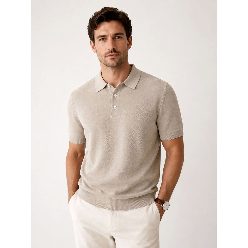Academy Brand Men’s Knit Polo Shirt Medium Beige Cotton Short Sleeve NWT